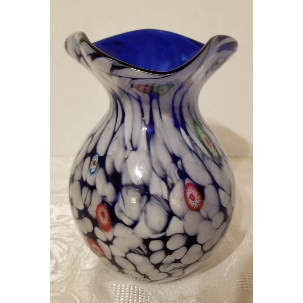 Murano Millefiori Cased Cobalt Blue Ruffletop Vase